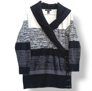 Style & Co. Black Gray Cowl Neck Sweater Warm Cozy Long Shawl Collar Stripes XL